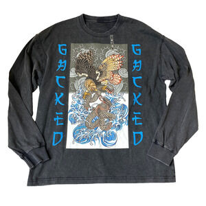 Men's Acid Wash Graphic Long Sleeve T-Shirt Medium Black Japanese Grunge NEW